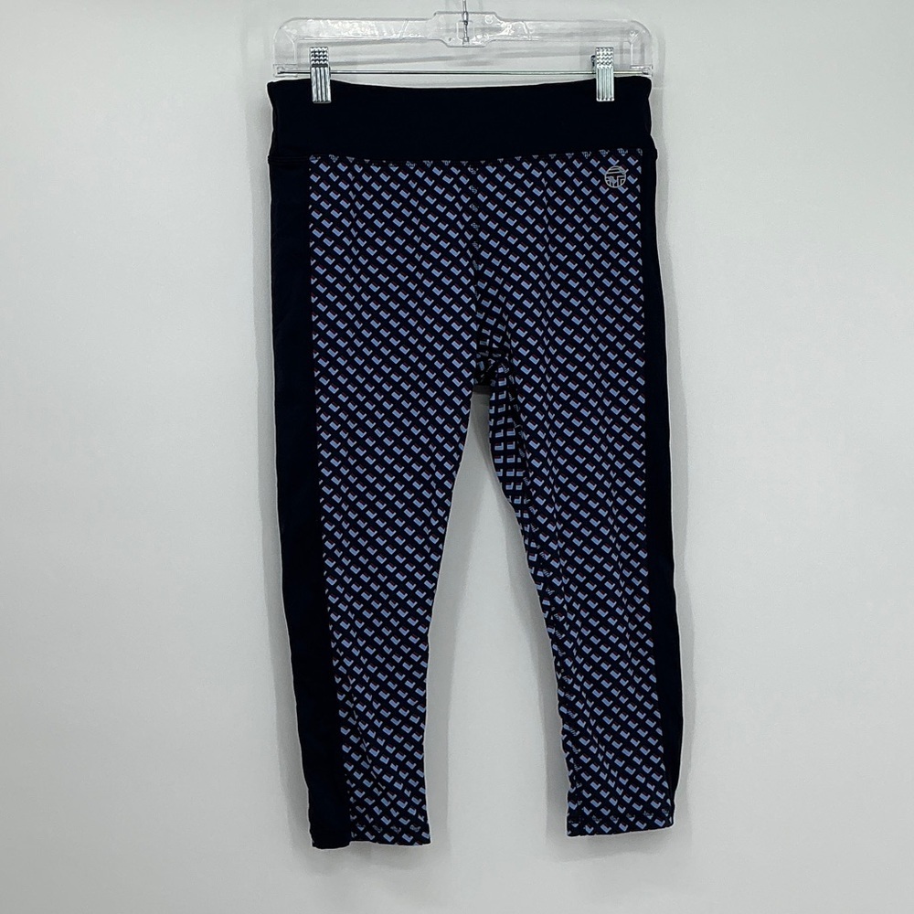 Tory Burch Sport Patterned Leggings Size Large Navy & Light Blue Logo Print